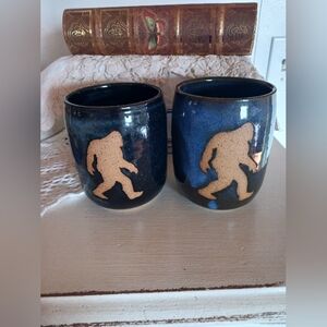 Set Of 2 Handcrafted Bigfoot Sasquatch Pottery Coffee Tea Wedding Cups EUC